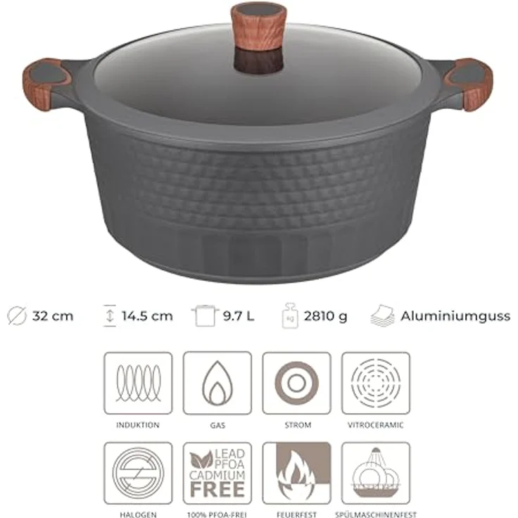RESTO Kochtopf Schmortopf 9,7L mit Deckel, 32cm, Antihaftbeschichtung, PFOA-frei, für alle Herdarten, inkl. Geschenkkarton – Bild 2