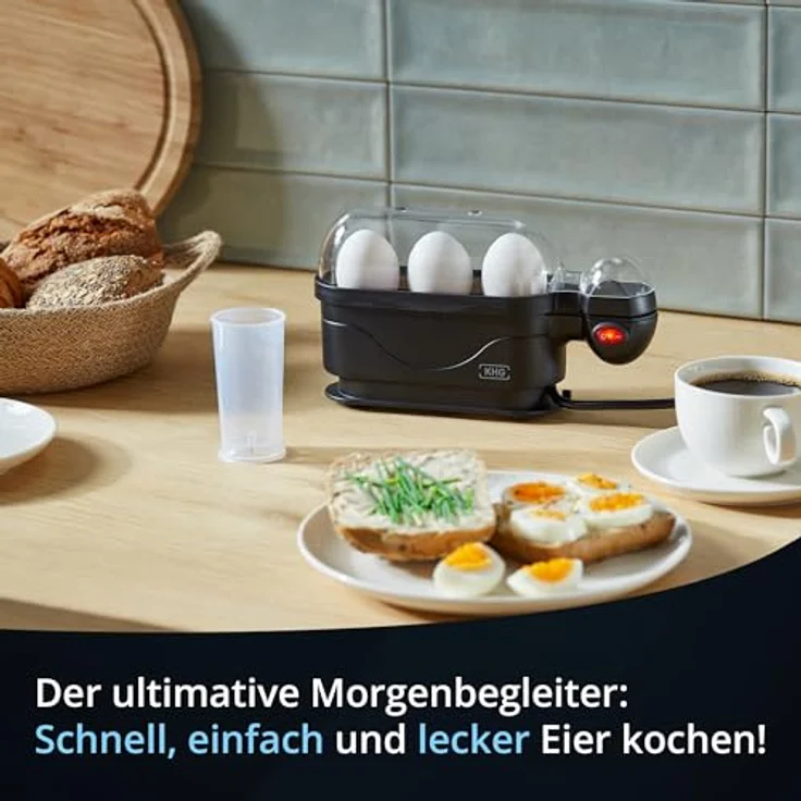 KHG Eierkocher für 3 Eier, Aluminium Schwarz, mit Warmhaltefunktion und Alarmfunktion, 380 Watt, platzsparend, TÜV Siegel – Bild 3