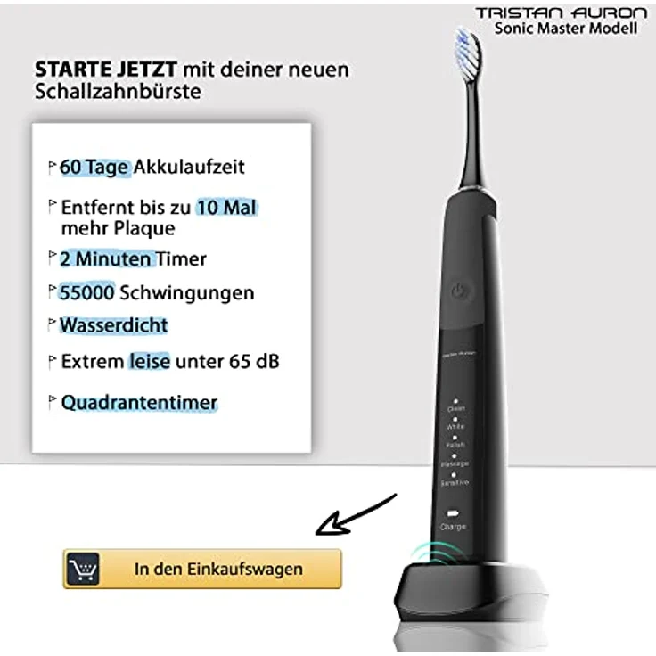 Tristan Auron Sonic Master Schallzahnbürste - Elektrische Zahnbürste mit 55.000 Schwingungen, 5 Reinigungsmodi & 2 Bürstenköpfen, USB Ladestation, leise (Schwarz) – Bild 4