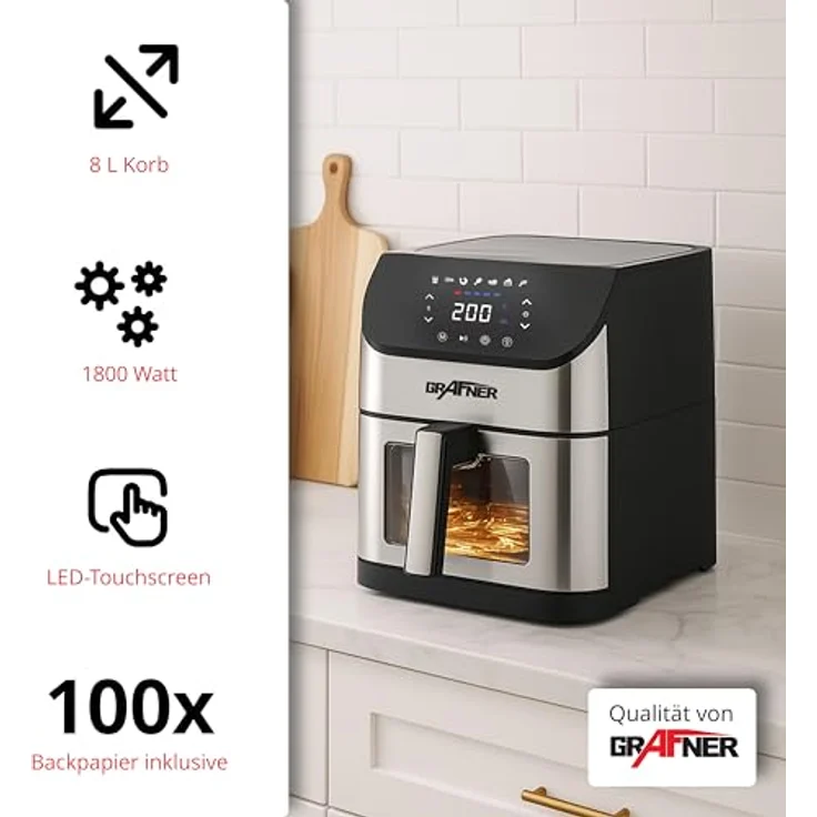 Grafner XXL Digitale Heißluftfritteuse 8 L, 1800 Watt, LED Touchscreen, 7 Programme, Sichtfenster, Edelstahl, inkl. 100x Backpapier, Antihaft-Beschichtung, ölfrei – Bild 3