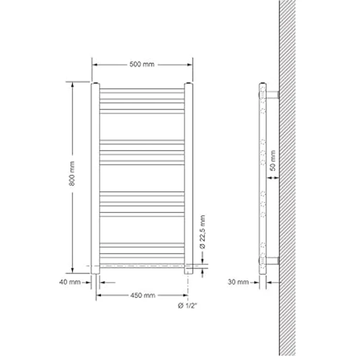 ECD Germany Badheizkörper Elektrisch, Heizstab 600W ECO, 500 x 800 mm, Handtuchwärmer in Weiß, gerade mit Seitenanschluss – Bild 2