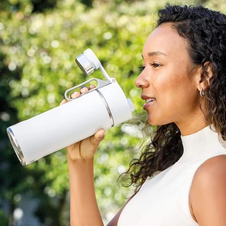 Ninja Thirsti Wasserflasche/Thermobecher to go, 700ml, kohlensäurehaltig & heiß/kalt, auslaufsicher, dreifach isoliert, Edelstahlflasche, Weiß – Bild 5