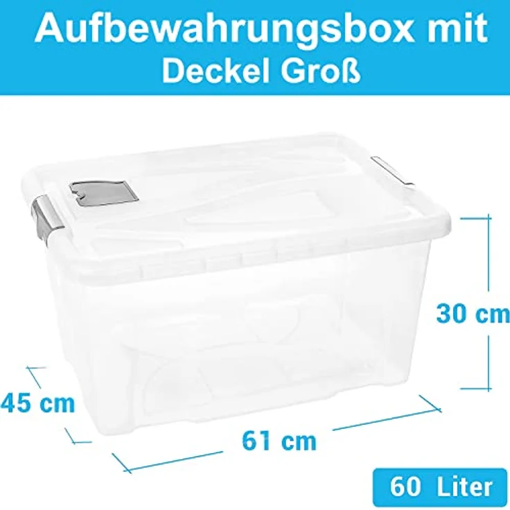 2friends Aufbewahrungsbox mit Deckel Groß, 4 Stück, 60 L Boxen Aufbewahrung, Kisten Aufbewahrung mit Griffen, Lüftungsklappe, Made in EU, Modell: Milan, transparent mit grauen Clip-Verschlüssen – Bild 2