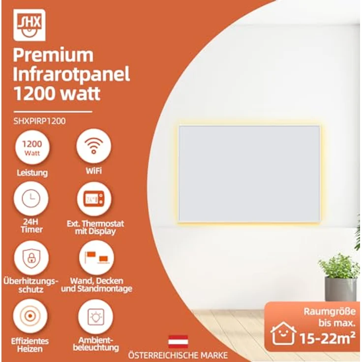 SHX Premium Infrarot Heizung mit WIFI 1200W, Decken- oder Wandmontage, Standgerät, dimmbare Ambiente Beleuchtung, Fernbedienung, Fenstererkennung, LED Display, Carbon Crystal PET Oberfläche – Bild 2