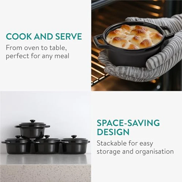 Navaris Mini Cocotte - Vielseitige Mini Auflaufform mit Deckel ofenfest - 4er Set - Souffle Förmchen - Ideal für Lasagne, Pudding, Omelettes, Suppen - Keramik - Schwarz – Bild 3