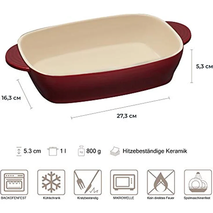 RESTO Auflaufform - Backform - Lasagneform - Brotbackform - Rechteckig aus Keramik für Brot Lasagne Brownie Kuchen uvm. | (1 l - 183 x 122 x 45 mm) – Bild 3