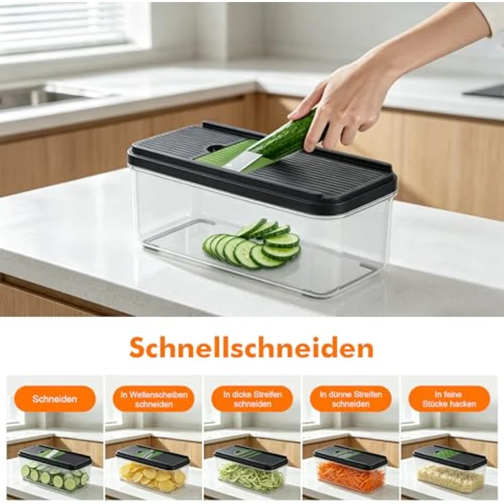 Ibergrif M524-7 Gemüseschneider, Mandoline 7 in 1 Multifunktion mit 1300 ml Behälter, BPA-frei, spülmaschinenwaschbar – Bild 3