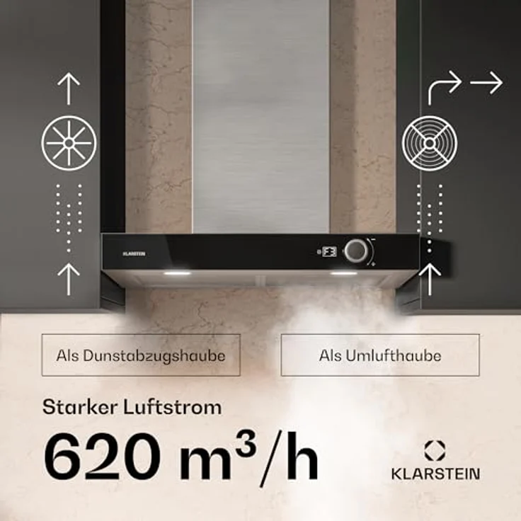 Klarstein AirNova Dunstabzugshaube, 60 cm Wandhaube mit 614 m³/h Luftstrom, A++ Energieeffizienz, LED-Beleuchtung, 49 dB, Edelstahl, Umluft & Abluft – Bild 4