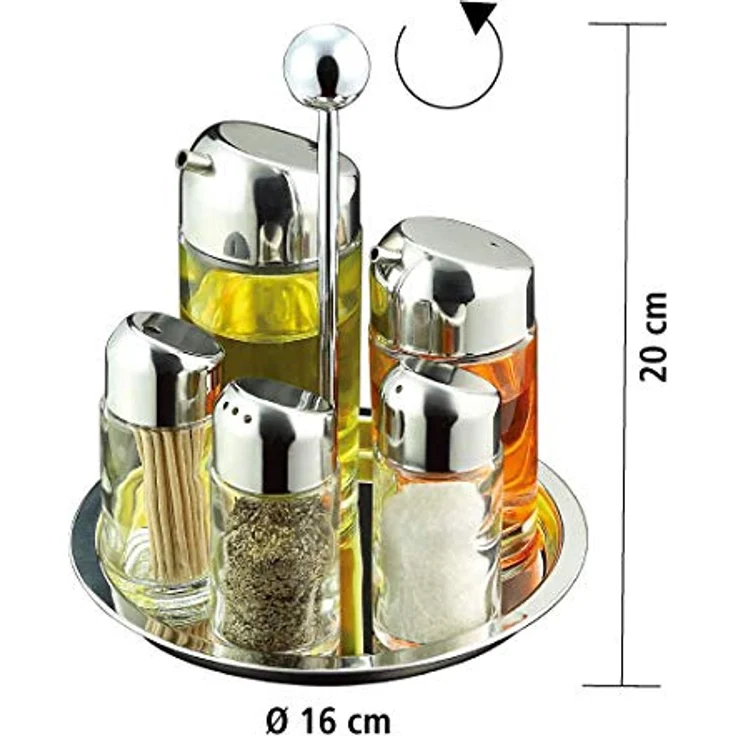 APS Menage, Essig- und Öl Set, Tischgestell für Salz, Pfeffer, Essig, Öl, Zahnstocher, drehbares Gestell, Glasbehälter mit Edelstahl-Deckel und Drehverschluss, 16 x 16 cm, 20 cm Höhe – Bild 3