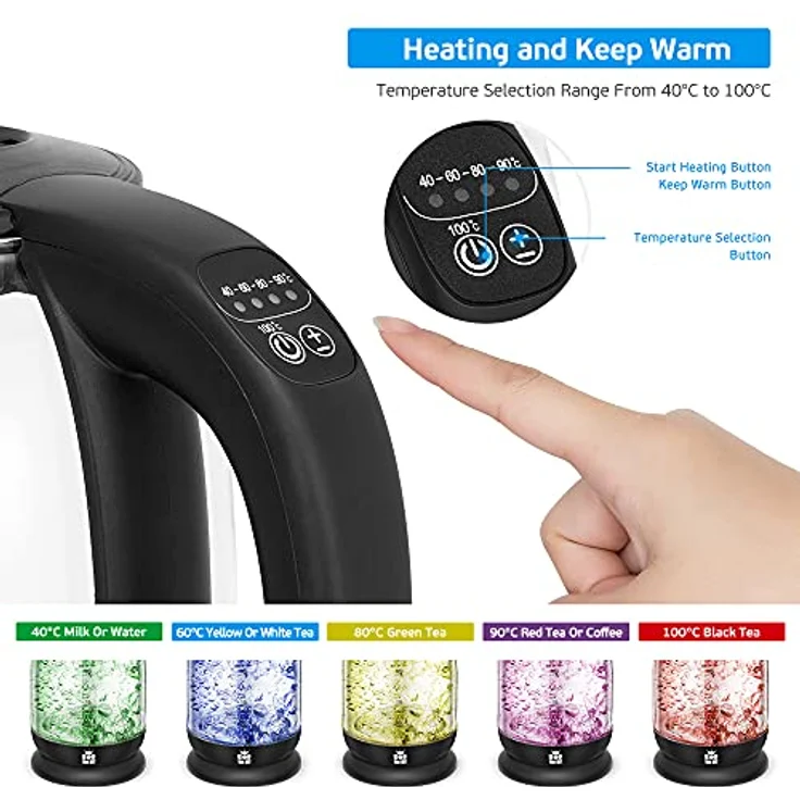 Forme FKG-227 Wasserkocher, 2200W, 1,7 Liter, Warmhaltefunktion, mit Temperatureinstellung, Glas, Edelstahl, schwarz – Bild 2