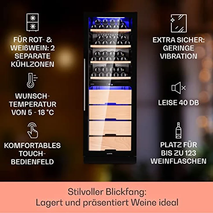 Klarstein Weinkühlschrank, 2 Zonen Kühlschrank mit Glastür, Klein, UV-Schutz, 5-18°C, 123 Flaschen – Bild 2