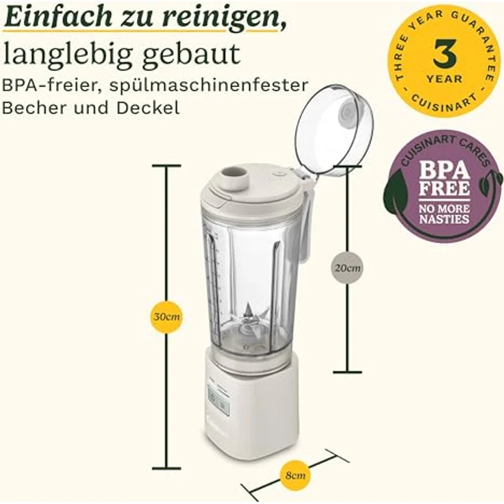 Cuisinart Blast&GO To-Go Blender PBL100E, tragbarer Standmixer mit 20.000 U/min, 500 ml BPA-freiem Becher, weiss – Bild 8