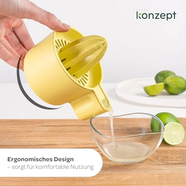 KONZEPT Zitronenpresse, Manuelle Saftpresse aus BPA-freiem Kunststoff, 500 ml Behälter mit Ausguss, für Zitronen, Orangen, Limetten, Gelb – Bild 4