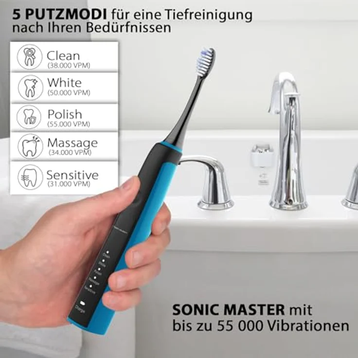 Tristan Auron Sonic Master Schallzahnbürste SonicMaster (Blau) mit 55.000 Schwingungen - 60 Tage Akku - 5 Putzmodi - 2 Min. Timer + inkl. Reiseetui und 6 Bürstenköpfe – Bild 3