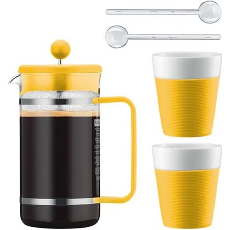 Bodum French Press Kanne, 1,0l Kaffeebereiter mit silbernem Permanentfilter und 2 0,3l Porzellantassen, Limited Color Edition 2015, Gelb