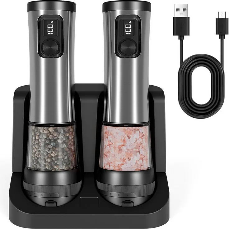 Forrlite Elektrische Salz-/Pfeffermühle, 2er-Set mit USB wiederaufladbarer Ladestation, Einhandbedienung und einstellbarem Mahlgrad