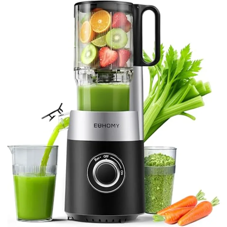 EUHOMY Slow Juicer, Kaltpress-Entsafter für ganze Gemüse und Obst, 135 mm XL-Einfüllschacht, 1,8 Liter Behälter, 220W leiser Motor
