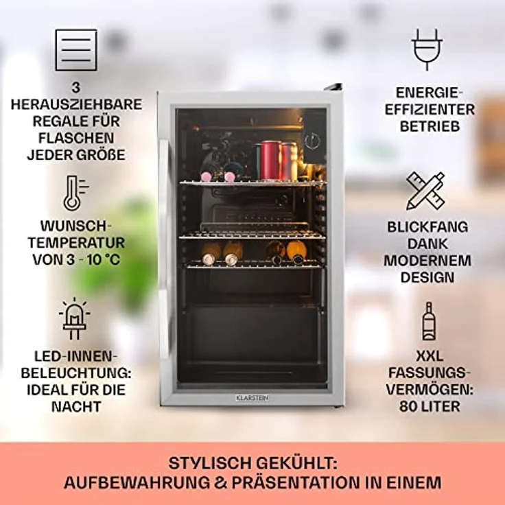 Klarstein Mini Kühlschrank mit Glastür, 80 Liter, leiser Getränkekühlschrank mit verstellbaren Ablagen für Indoor/Outdoor Nutzung – Bild 2