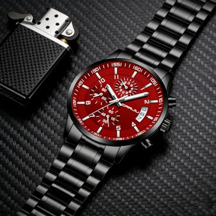 CRRJU Herren Uhr Business Edelstahl Chronograph mit Kalender, wasserdicht, Stoppuhr, Analog Quarzuhr, schwarzes Edelstahlband mit roten Akzenten – Bild 2