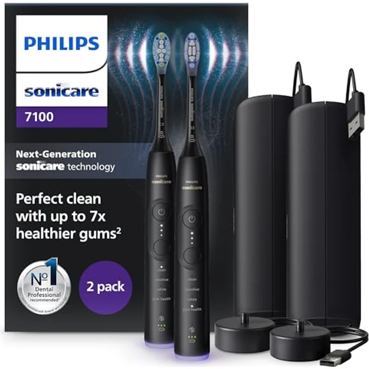 Philips Sonicare 7100 elektrische Zahnbürste, Schallzahnbürste mit App, 4 Putzmodi und 3 Intensitätsstufen, Schwarz, 2er-Pack, Modell HX7429/03 – Bild 1
