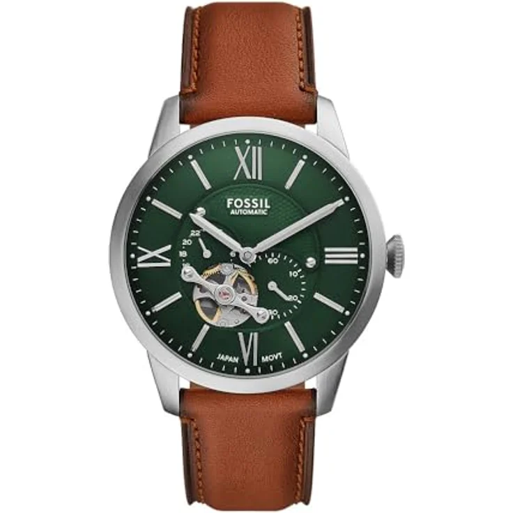 Fossil Herren Analog Automatik Uhr mit Leder Armband ME3265, 44-mm-Gehäuse, grünes Zifferblatt, wasserdicht bis 50 m – Bild 1