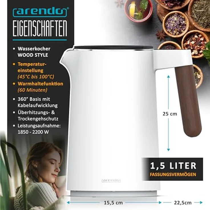 Arendo - Wasserkocher mit Temperatureinstellung - Edelstahl - 1.5 Liter - Doppelwand - BPA frei - Warmhaltefunktion - Teekocher - weiß matt – Bild 2