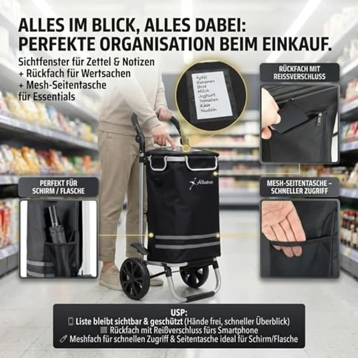 Albatros International Einkaufstrolley Groß, Einkaufsroller mit 50 l großes Hauptfach, Thermo-Innenbeutel, Sichtfenster für Einkaufszettel, faltbar und klappbar mit stabilen Rädern – Bild 3