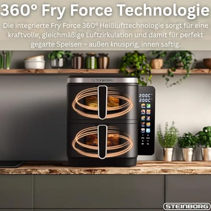Steinborg® Heissluftfritteuse Doppelkammer 11 Liter, 2 Frittierkammern à 5,5L, 360° Fry Force Technologie, 8 One-Touch-Programme, platzsparendes Design – Bild 2