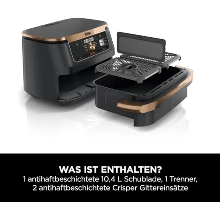 Ninja Foodi FlexDrawer Dual Zone Heißluftfritteuse, Airfryer mit 10,4-Fach und herausnehmbarem Trenner, Antihaftbeschichtung, spülmaschinenfester Korb, 7-in-1, Schwarz & Kupfer, AF500EUCP – Bild 2