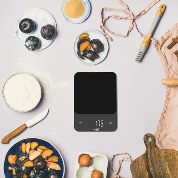 TFA Dostmann Digitale Küchenwaage BROWNIE, bis 5 kg, Glasoberfläche, sensorgesteuertes LED-Display, Tara-Funktion, flach und kompakt, schwarz – Bild 2