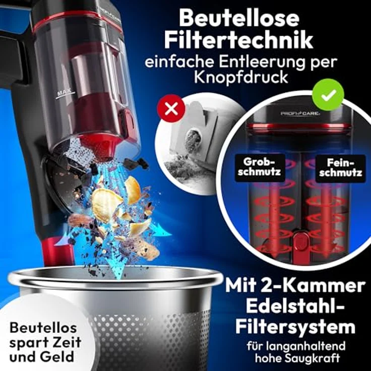 ProfiCare PC-BS 3136 A, Akku-Hand- und Bodenstaubsauger, kabellos und beutellos, anthrazit-rot, 35 Min. Akkulaufzeit – Bild 5