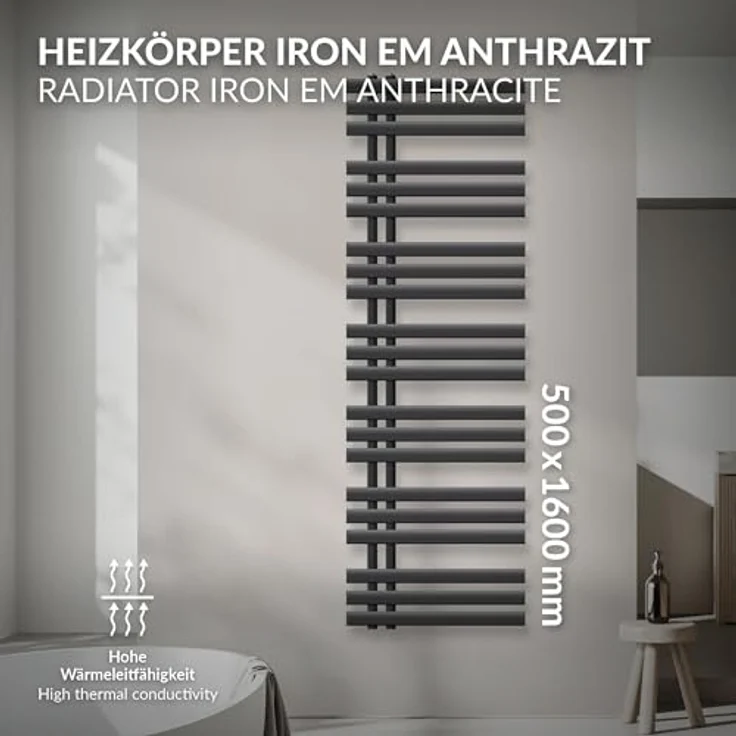 ECD Germany Iron EM Design Badheizkörper - 500 x 1600 mm - Anthrazit - Designheizkörper Paneelheizkörper Handtuchwärmer 588W - Wandmontagematerial inklusive – Bild 2