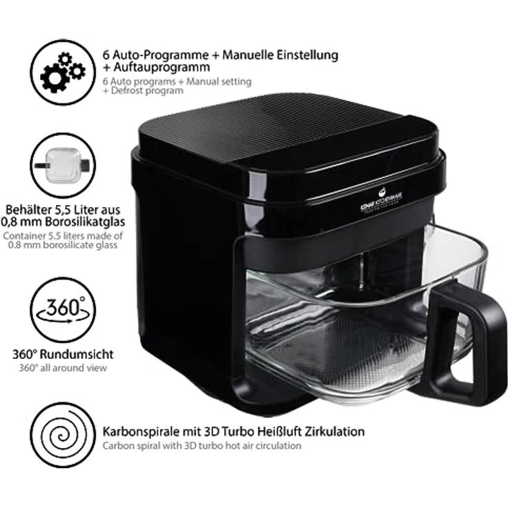KeMar Kitchenware KHF-550 Heißluftfritteuse, 1200 W, 5,5 L Borosilikatglasbehälter, Edelstahl-Einsatz, Touch Display, 7 Programme, ohne Beschichtung – Bild 2