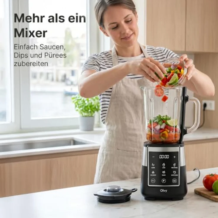 Olvy Standmixer Smoothie Maker, 1.5L Glasbehälter mit 6-Klingen-System und LED-Timer, inklusive To-Go Flasche – Bild 5