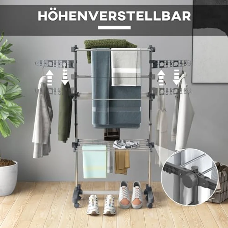 HOMCOM Wäschetrockner Turm Wäscheständer mit Rollen, 3 Ebenen, Klappbarer Standtrockner mit Seitenflügel, Stahl Grau 142 x 55 x 152 cm – Bild 3