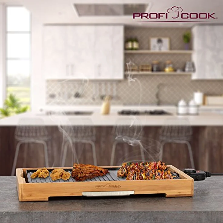 ProfiCook PC-TYG 1143 Teppanyaki-Grill, kratzfeste Keramikbeschichtung, große Grillfläche, stufenlos regelbarer Thermostat, herausnehmbarer Edelstahl-Fettauffangbehälter, Holz - Schwarz – Bild 5