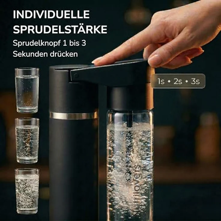 Nutrilovers NUTRI-STREAM Wassersprudler, Edelstahl Schwarz, patentiertes Air-Charge-System, BPA-freie 1L Flasche, individuell einstellbare Sprudelstärke – Bild 3
