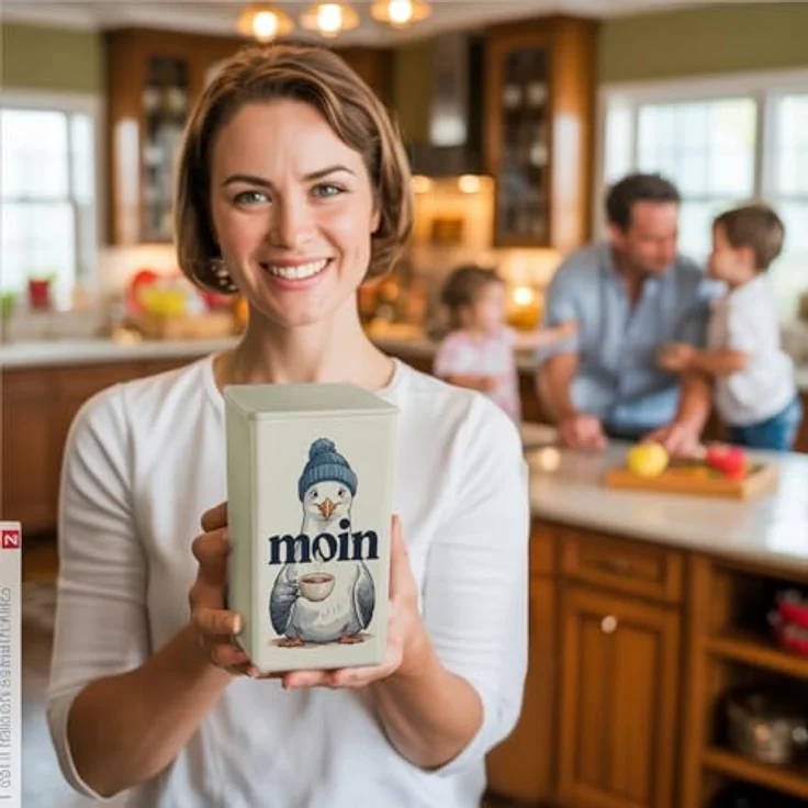 speecheese Möwe trinkt Friesentee Teedose 900ml, maritimes Design mit blau-weiß gestreifter Mütze und Schriftzug "MOIN" – Bild 3
