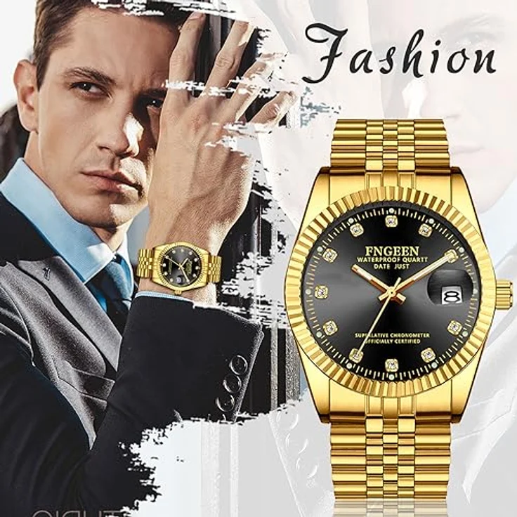 JewelryWe Herren Armbanduhr Edelstahl Gold, 30m wasserdicht, Analog Quarz mit Datum, Schwarz rundes Zifferblatt und Leuchtzeiger – Bild 4