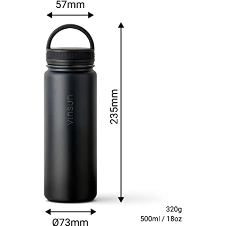 VINSUN Trinkflasche Edelstahl 500ml schwarz - auslaufsicher, Kohlensäure geeignet, BPA frei - 3 Deckel - Thermosflasche Sport, Outdoor, Schule, Uni, Fahrrad, Büro, Wandern – Bild 3