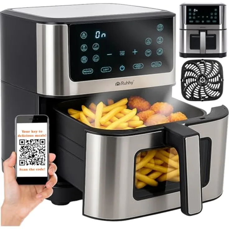 RUHHY Heißluftfritteuse 8L XXL mit Antihaftbeschichtung, Frittieren ohne Öl, Touchscreen mit 10 Programmen, gesundes Kochen für Familie