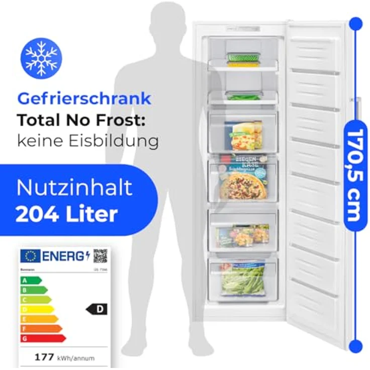 Bomann Gefrierschrank GS 7366, NoFrost, 171 cm, MultiAirflow, 204 Liter, leise 39 dB, bis zu -22°C, weiß – Bild 3