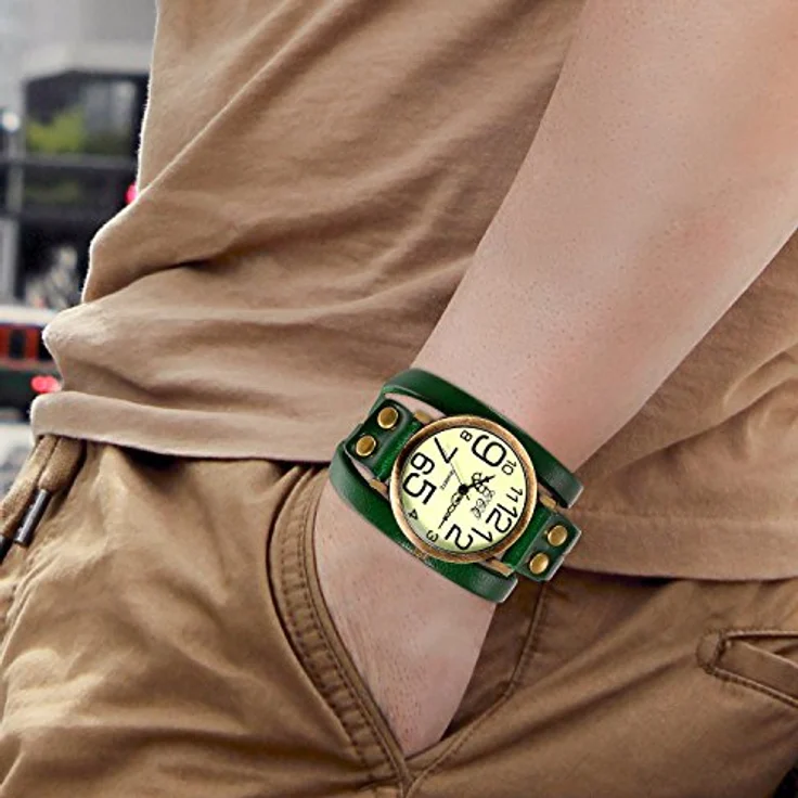 JewelryWe Herren Damen Armbanduhr, Grünes Leder Wickelarmband, Casual Retro, Analog Quarzwerk, Vintage Digital Zifferblatt – Bild 2
