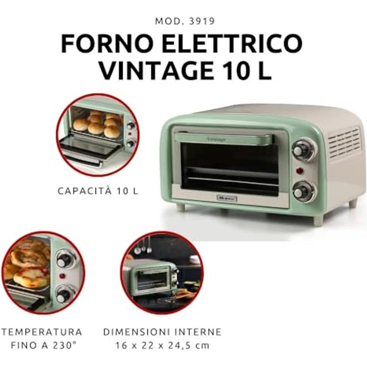 Ariete 3919 Vintage Minibackofen, 10 L, bis 230°C, 60-Minuten-Timer, Edelstahl-Grill, 800W, Grün – Bild 2