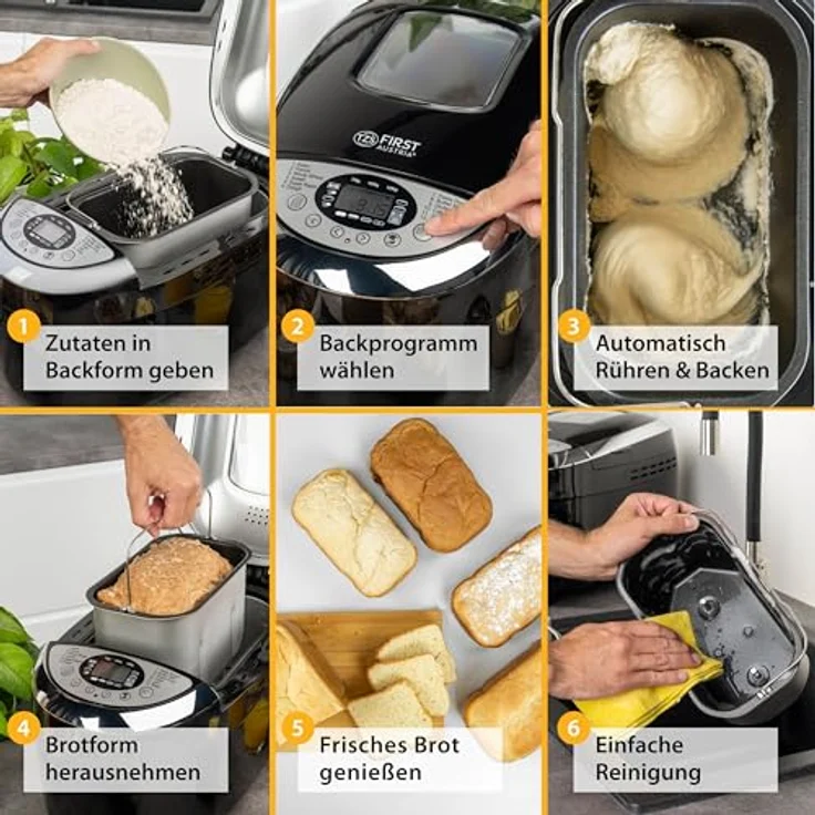 TZS First Austria Brotbackautomat mit 12 Automatikprogrammen, 700g-1000g-1250g Füllmenge, Timer, einstellbare Bräunungsgrade und Warmhaltefunktion - 850W – Bild 5
