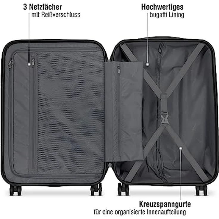 bugatti Lima 3er-Hartschalen Kofferset (S,M,L) 4 Rollen mit TSA-Zahlenschloss, Schwarz – Bild 4
