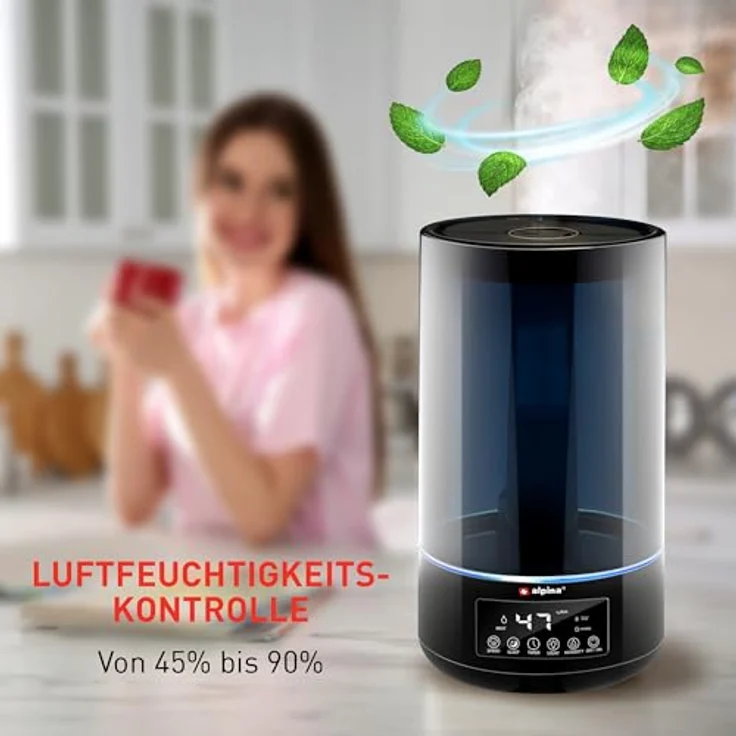 alpina Luftbefeuchter 4.3L, Humidifier mit Aroma Diffuser für Ätherische Öle, 3 Nebelstufen, Timer, Elektrische Duftlampe, Schwarz – Bild 7
