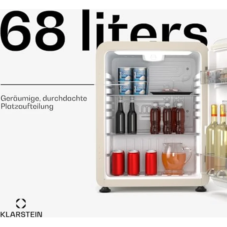 Klarstein Audrey Evo 68L Mini Kühlschrank, Retro-Design, leiser Betrieb 40 dB, kompressor, verstellbare Füße, wendetür, creme – Bild 2