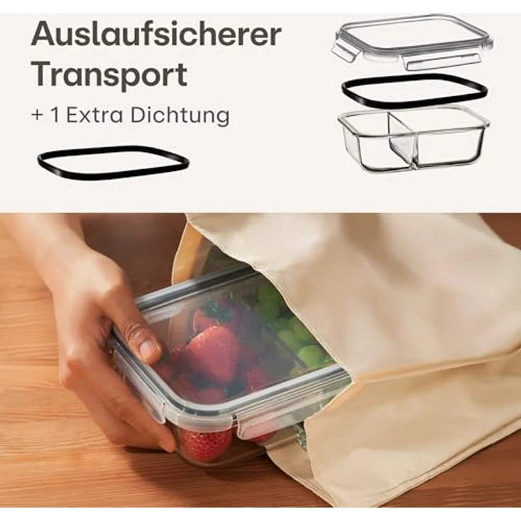 Praknu Lunchbox Frischhaltedosen Set 2 Kammer, Borosilikatglas, BPA-freier Kunststoffdeckel, Silikon, (Set), Ofenfest, Einfrieren, 1000 ml - Bento Box - Tupper – Bild 3