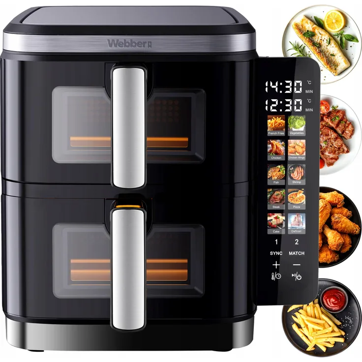 WEBBER Fettfreie Fritteuse 2 x 5,5 Liter, Air Fryer mit 2800W, Schwarz/Silber